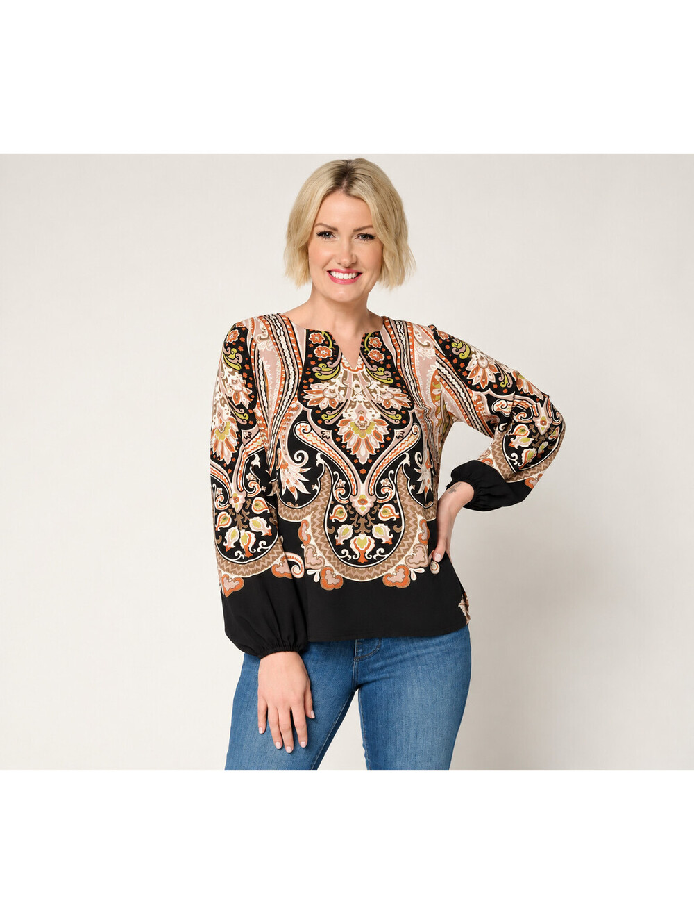 Belle by Kim Gravel Spicy Medallion Print Blouse Split Neck Black, X-Small